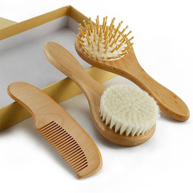 2020 Natural 3 piece Wooden Baby Hair Brush and Comb Set - Baby Brush Set Newborn and Toddlers